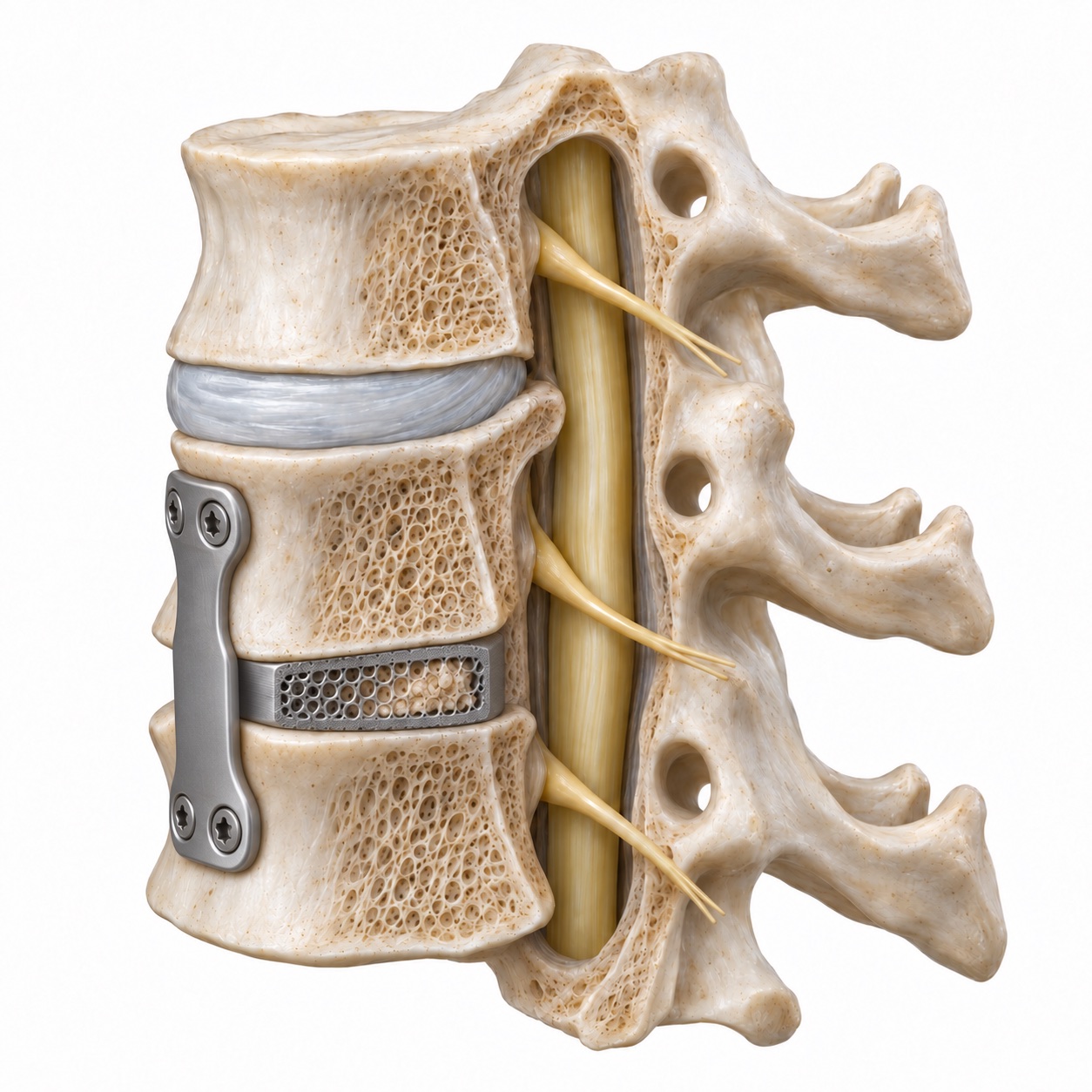 Illustrative cervical fusion construct with a cage and plate. Revision care evaluates previous surgery and neighboring levels.