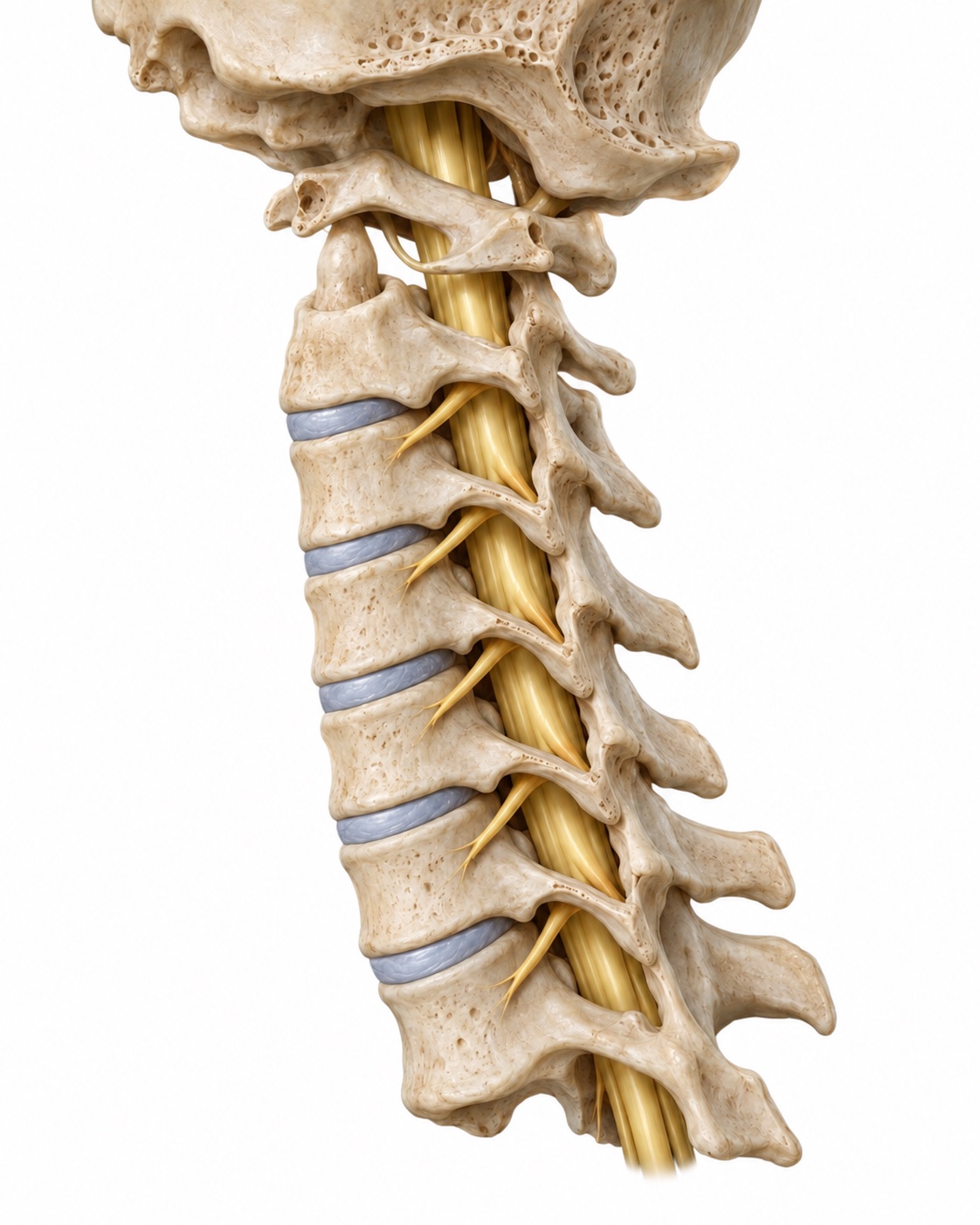Anatomical illustration of the cervical spine, discs, spinal cord, and nerve roots.