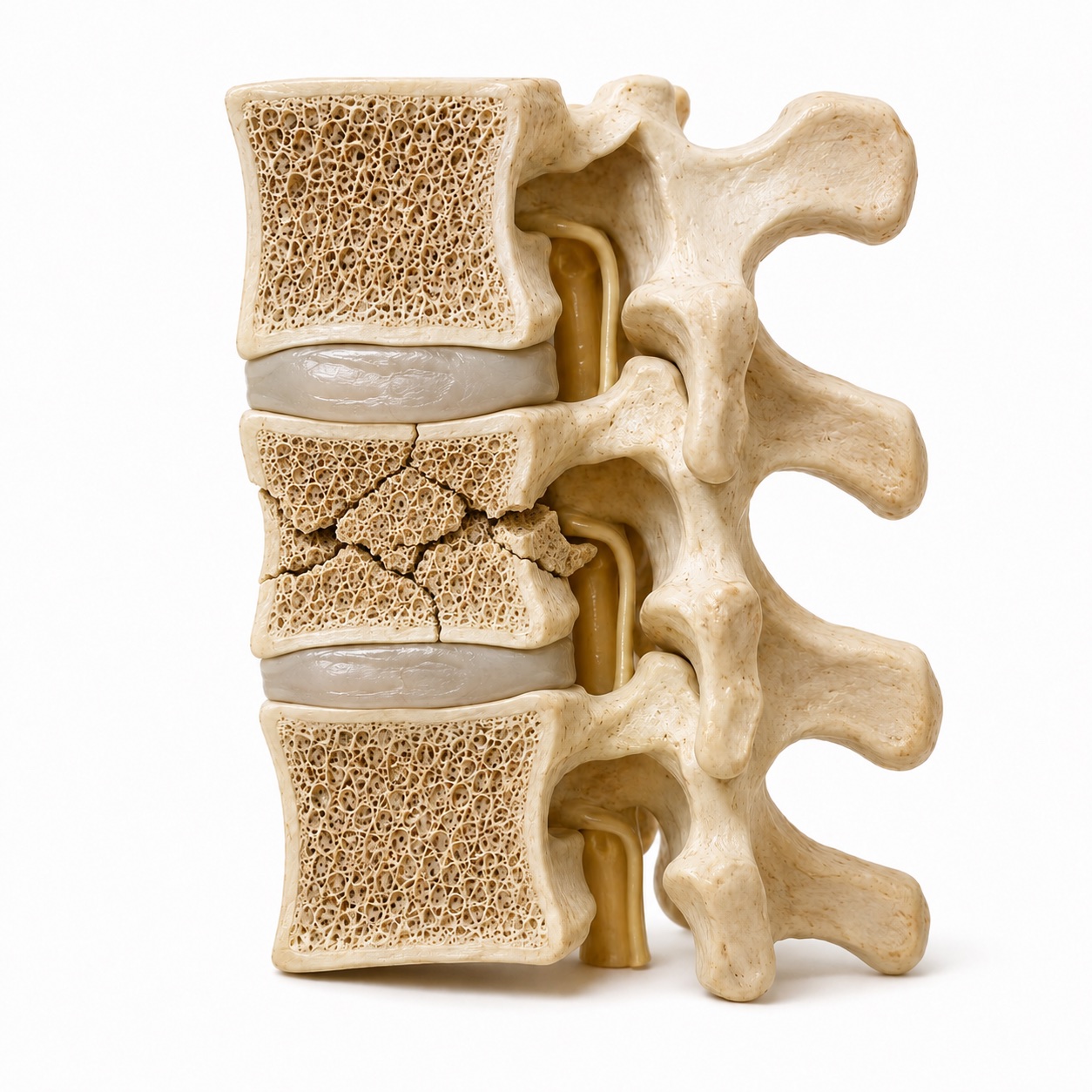 Anatomical illustration of a vertebral burst fracture, with fragments near the spinal canal.