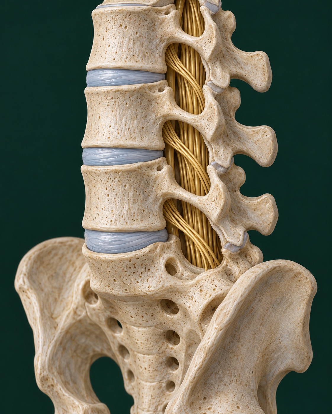 Medical cutaway of the lower back, showing the lower lumbar vertebrae above the sacrum, discs between the bones, and a bundle of gold nerve roots descending through the spinal canal.