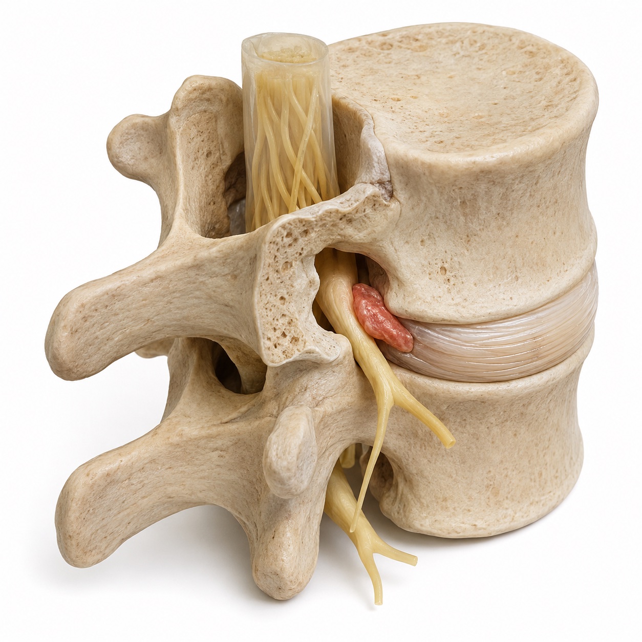 Lumbar model showing a red disc fragment beside a golden nerve