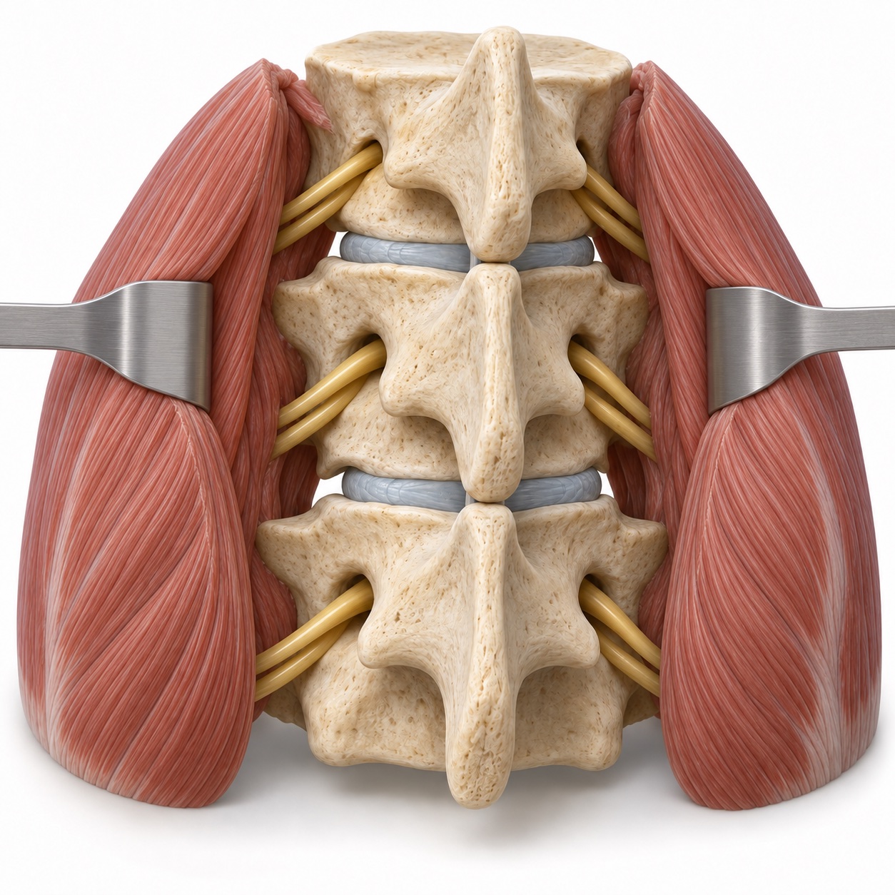 Matching lumbar model with both back muscle bundles held aside by retractors
