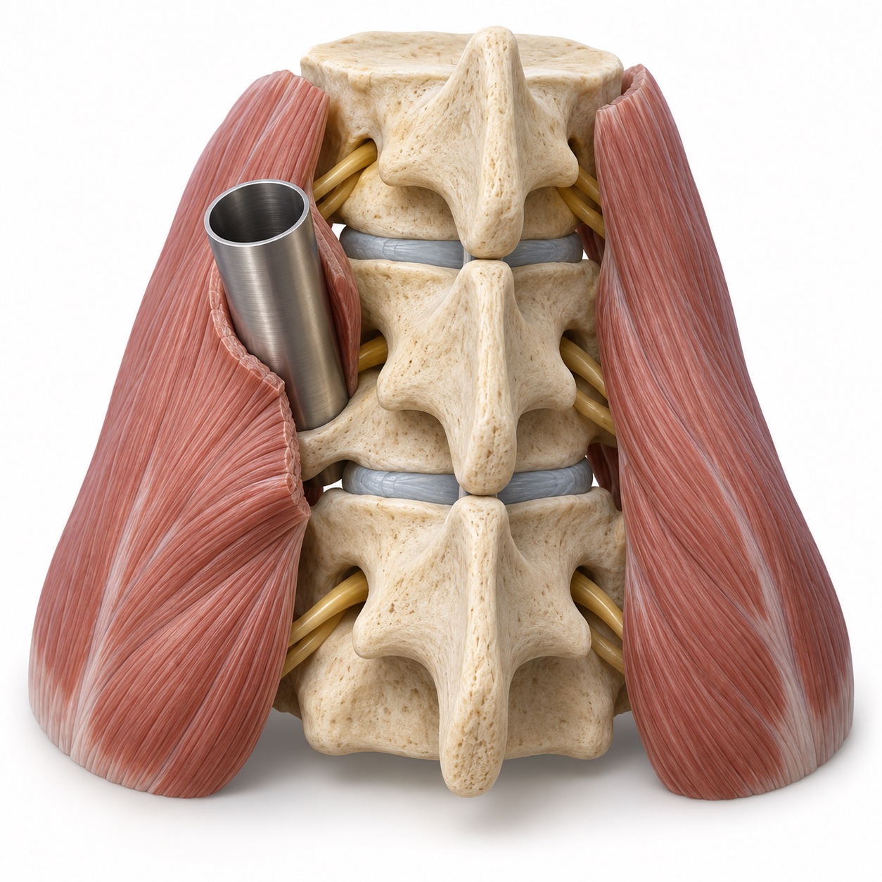 Teaching model showing a narrow tube through back muscle toward the lumbar spine