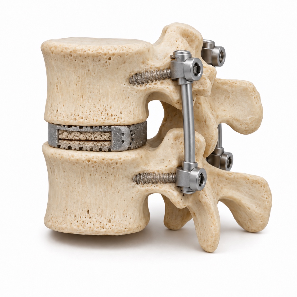 Lumbar fusion model with an illustrative seam in the graft inside the cage