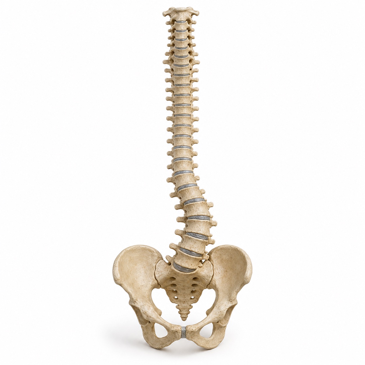 Front-view spine model with uneven narrowed lumbar discs and a lower-back curve