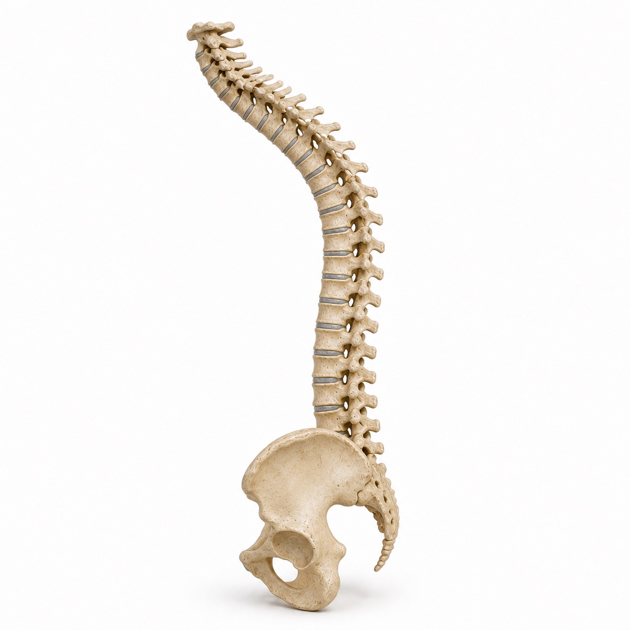 Side-view spine model with reduced lumbar curvature and the upper spine leaning forward